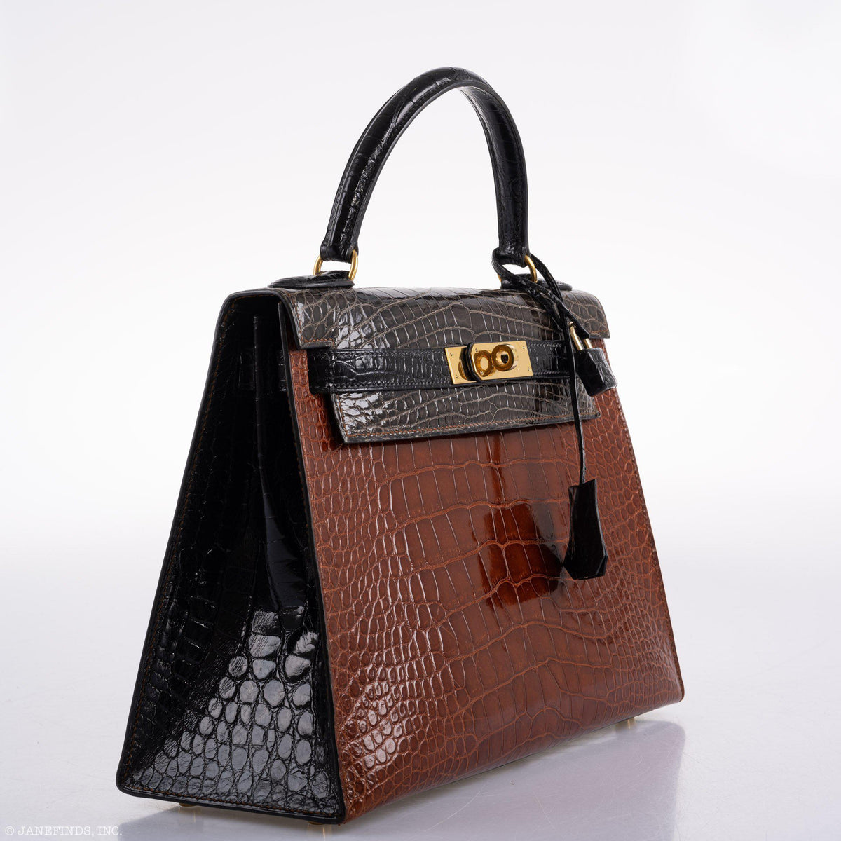 Hermes Kelly 28 Sellier Miel, Graphite & Black Alligator with Gold Hardware
