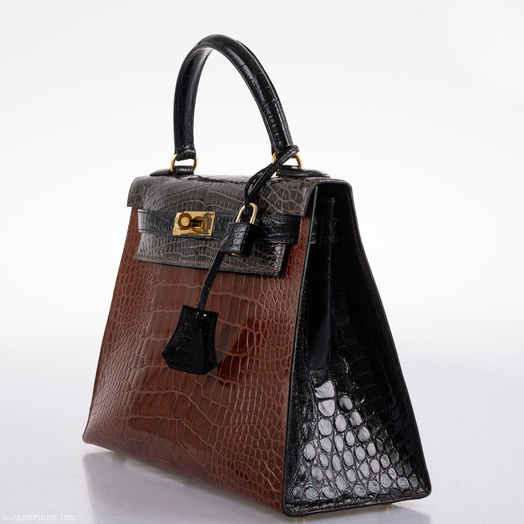 Hermes Kelly 28 Sellier Miel, Graphite & Black Alligator with Gold Hardware