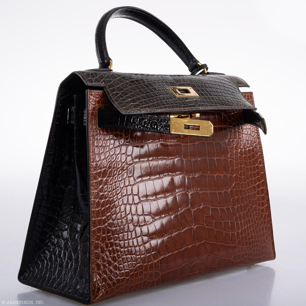 Hermes Kelly 28 Sellier Miel, Graphite & Black Alligator with Gold Hardware