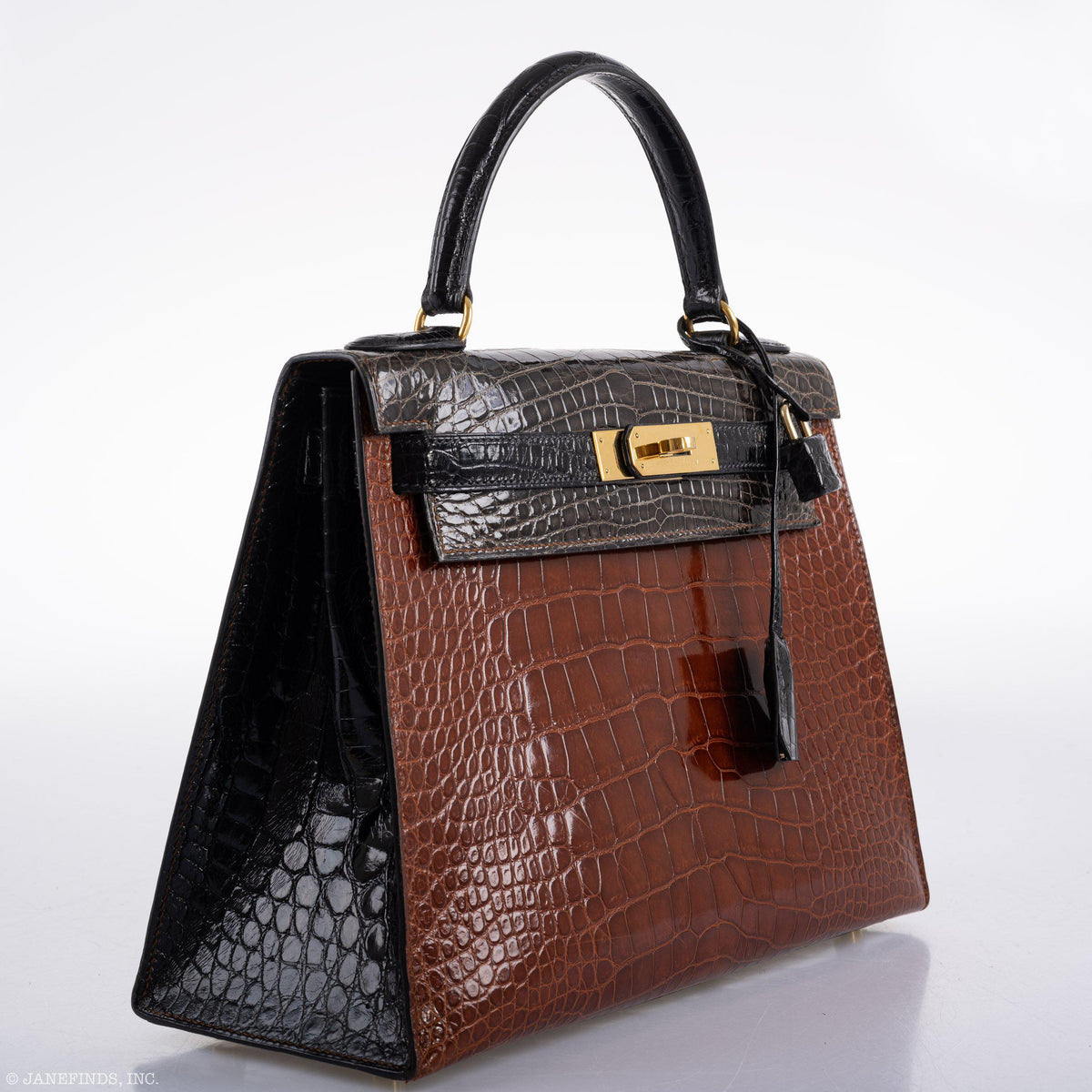 Hermes Kelly 28 Sellier Miel, Graphite & Black Alligator with Gold Hardware