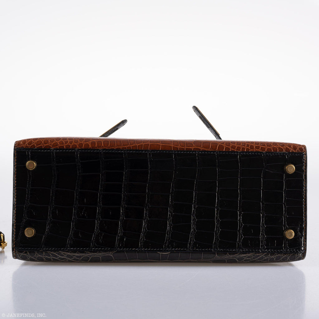 Hermes Kelly 28 Sellier Miel, Graphite & Black Alligator with Gold Hardware