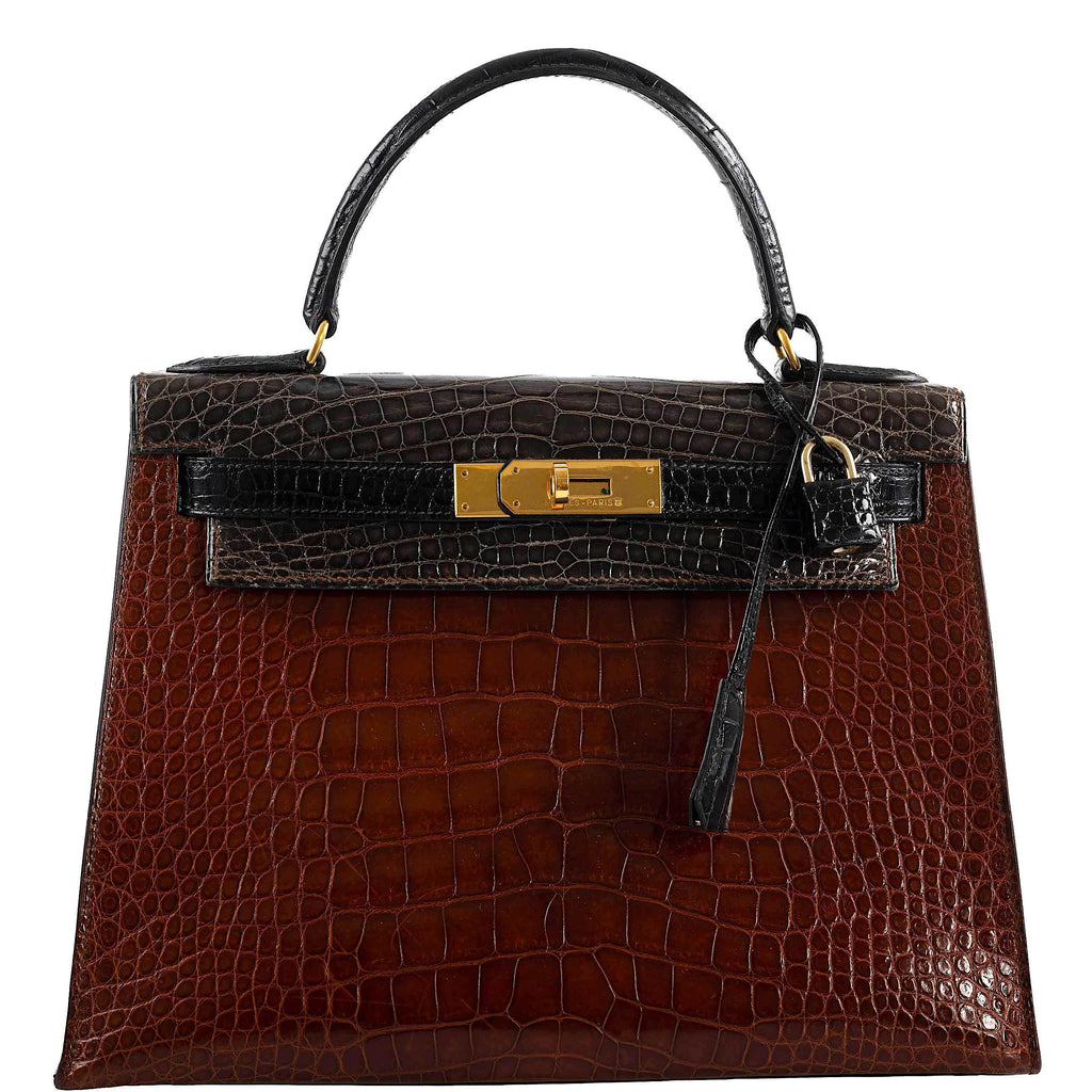 Hermes Kelly 28 Sellier Miel, Graphite & Black Alligator with Gold Hardware