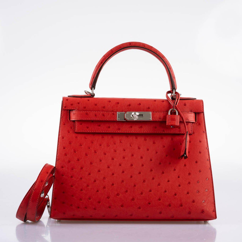 Hermes Kelly 28 Sellier Rouge Vif Ostrich with Palladium Hardware