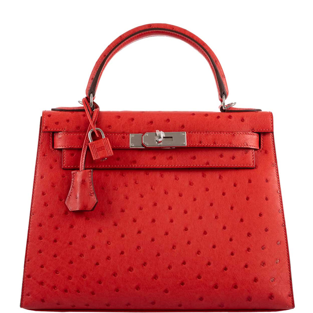 Hermes Kelly 28 Sellier Rouge Vif Ostrich with Palladium Hardware