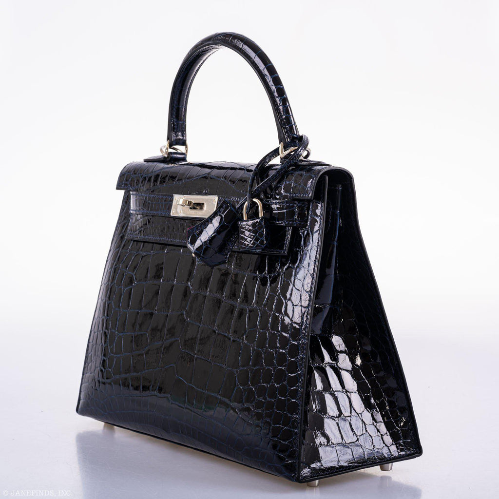 Hermes Kelly 28 Sellier Verso Blue Marine Nilo Crocodile & Rose Scheherazade Palladium Hardware