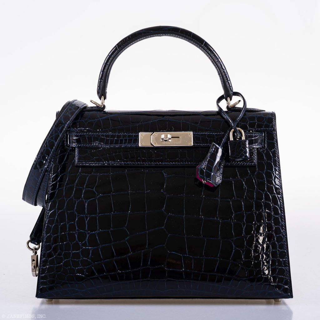 Hermes Kelly 28 Sellier Verso Blue Marine Nilo Crocodile & Rose Scheherazade Palladium Hardware