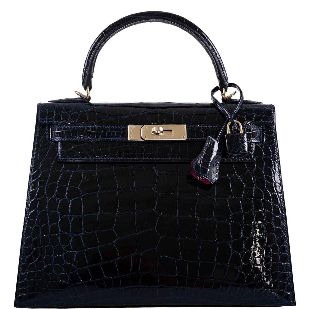 Hermes Kelly 28 Sellier Verso Blue Marine Nilo Crocodile & Rose Scheherazade Palladium Hardware