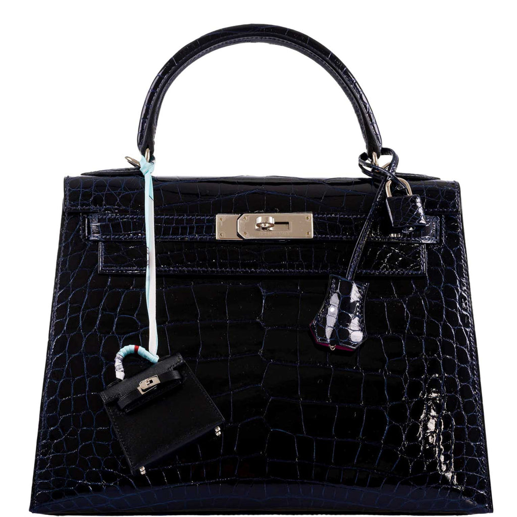 Hermes Kelly 28 Sellier Verso Blue Marine Nilo Crocodile & Rose Scheherazade Palladium Hardware