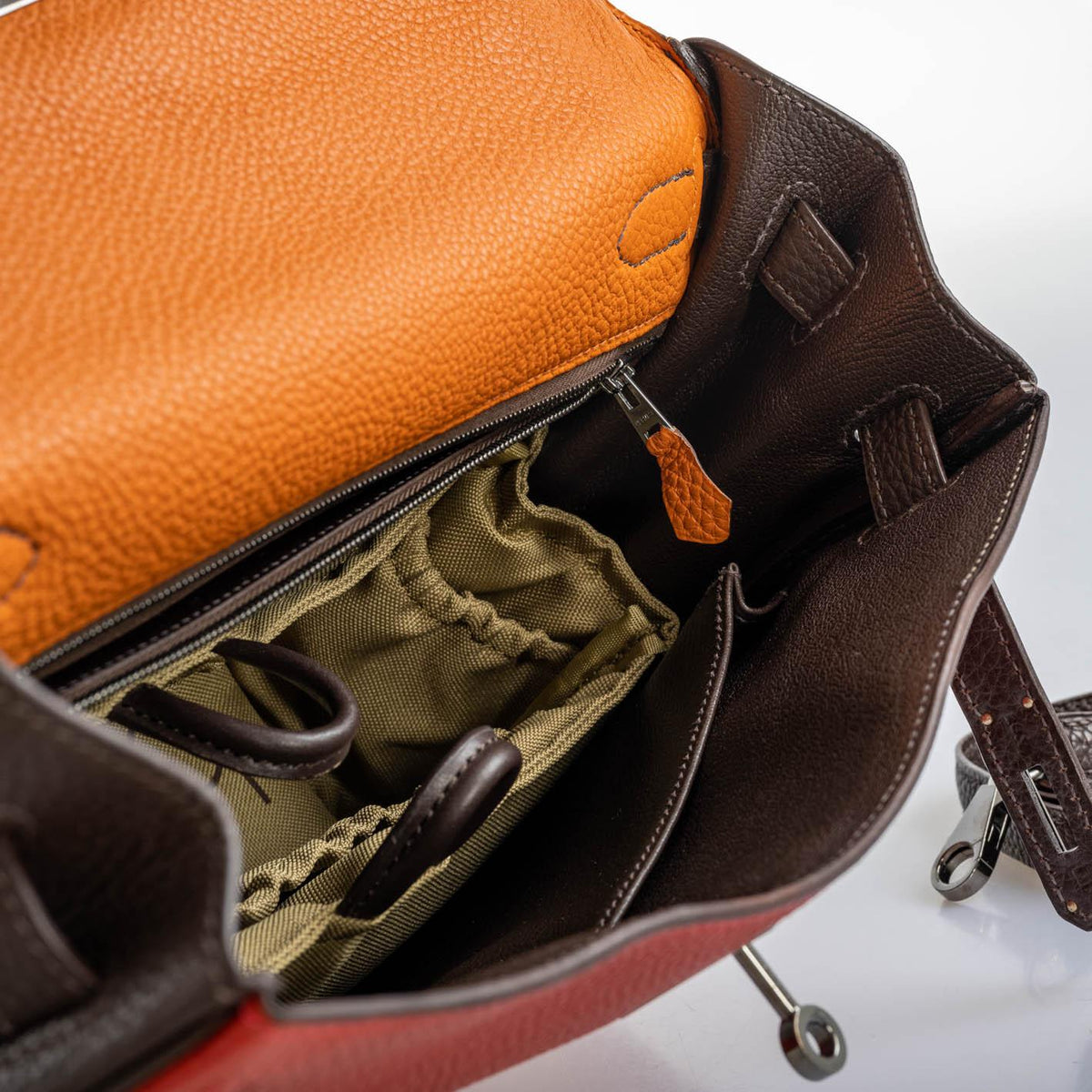 Hermes Kelly 32 Retourne Orange H, Rouge Vif & Ebene Togo with Ruthenium Hardware