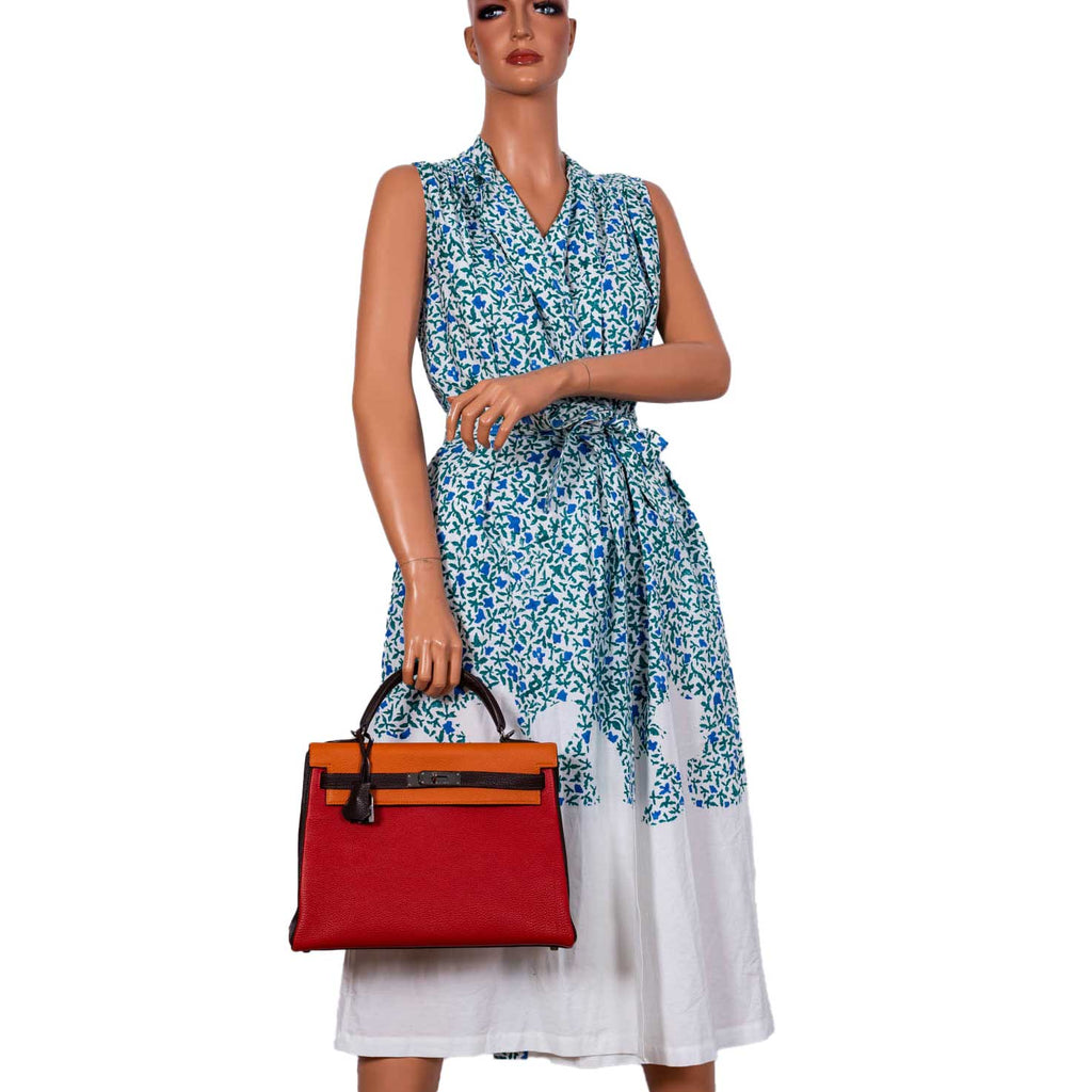 Hermes Kelly 32 Retourne Orange H, Rouge Vif & Ebene Togo with Ruthenium Hardware