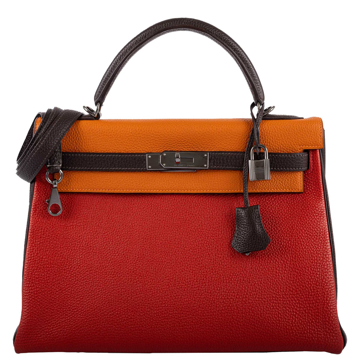 Hermes Kelly 32 Retourne Orange H, Rouge Vif & Ebene Togo with Ruthenium Hardware