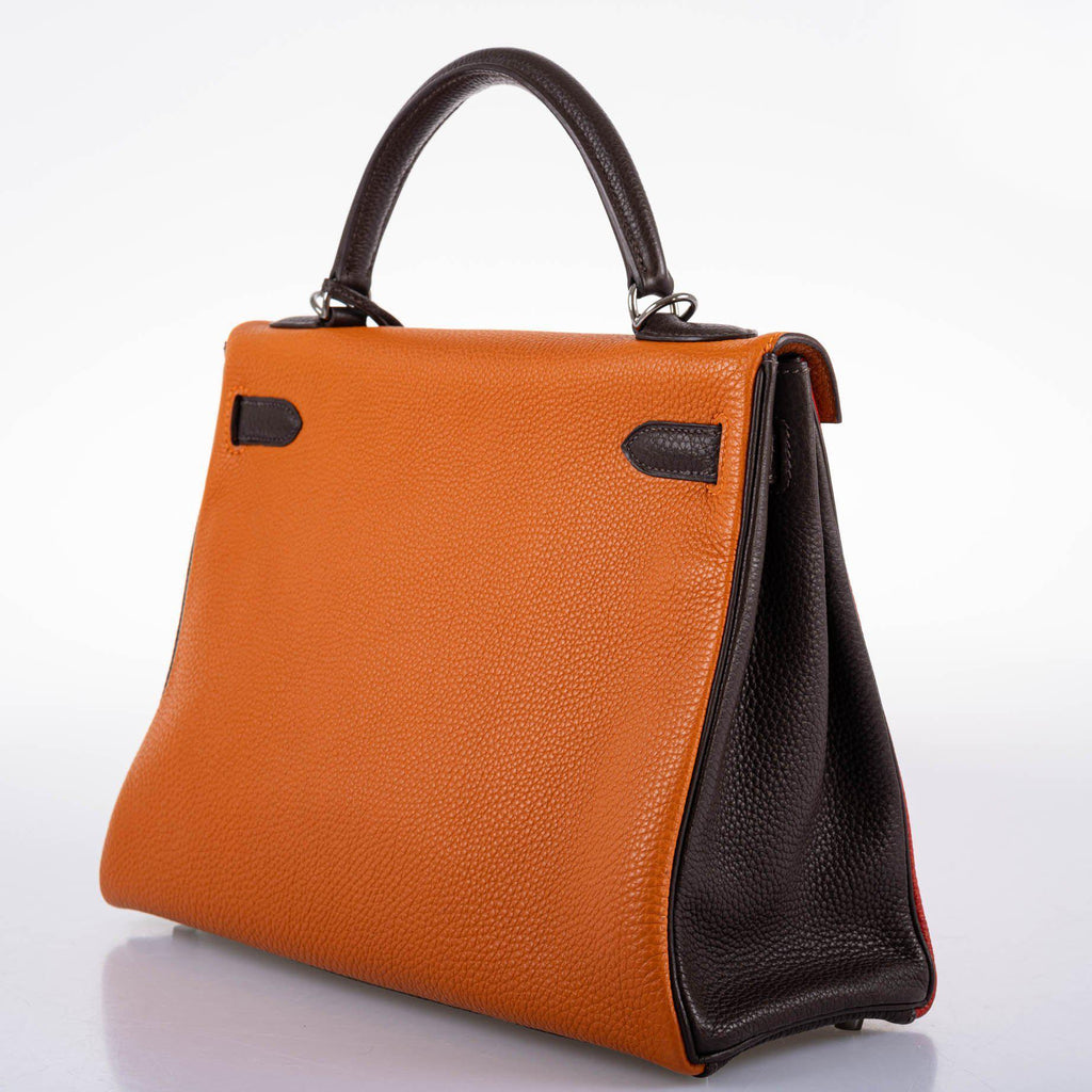 Hermes Kelly 32 Retourne Orange H, Rouge Vif & Ebene Togo with Ruthenium Hardware