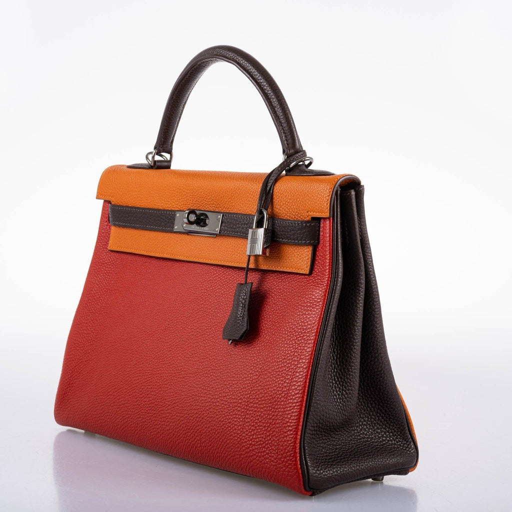 Hermes Kelly 32 Retourne Orange H, Rouge Vif & Ebene Togo with Ruthenium Hardware