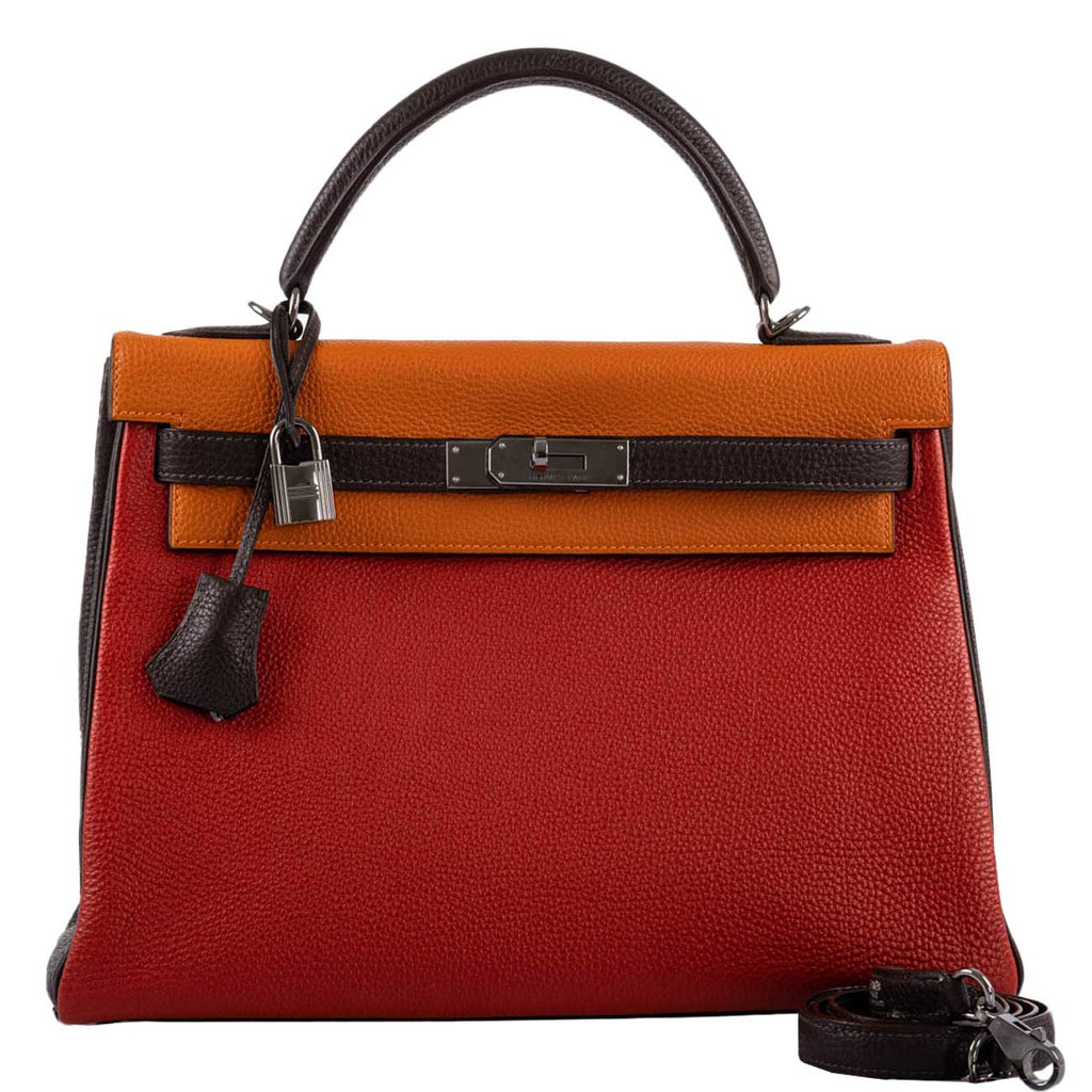 Hermes Kelly 32 Retourne Orange H, Rouge Vif & Ebene Togo with Ruthenium Hardware