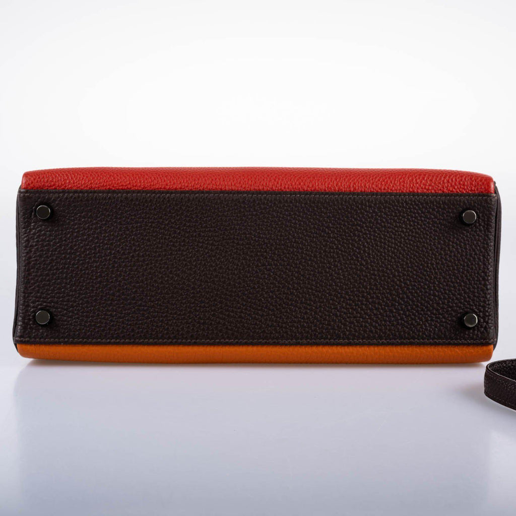 Hermes Kelly 32 Retourne Orange H, Rouge Vif & Ebene Togo with Ruthenium Hardware