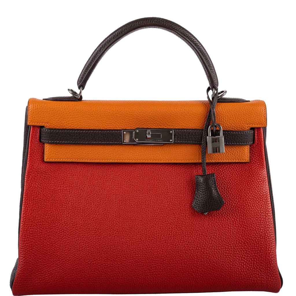 Hermes Kelly 32 Retourne Orange H, Rouge Vif & Ebene Togo with Ruthenium Hardware