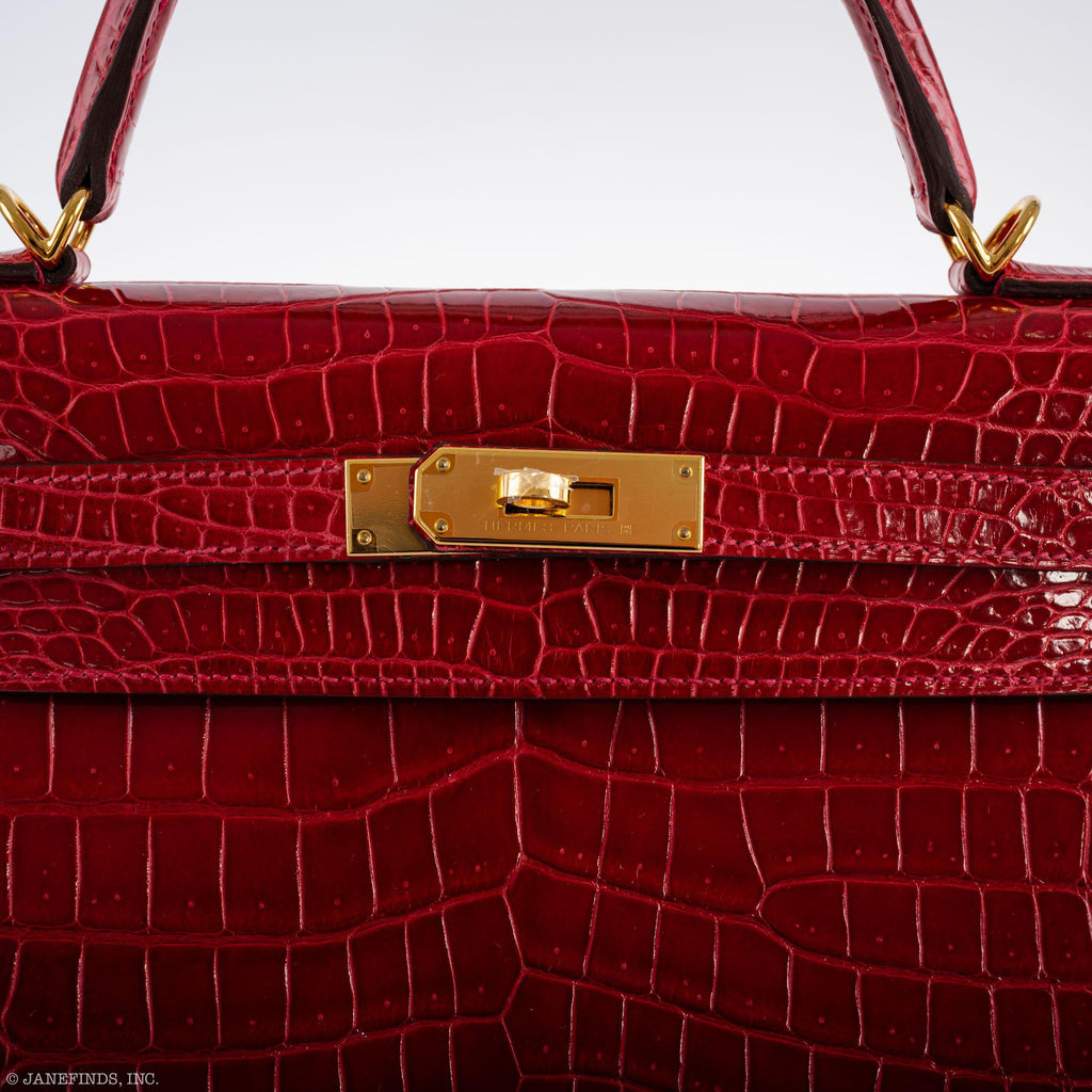 Hermes Kelly 32 Sellier Braise Porosus Crocodile Gold Hardware