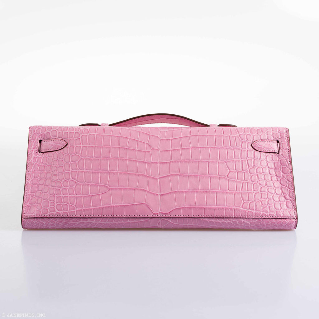 Hermes Kelly Cut Pochette 5P Bubblegum Pink Matte Porosus Crocodile Gold Hardware