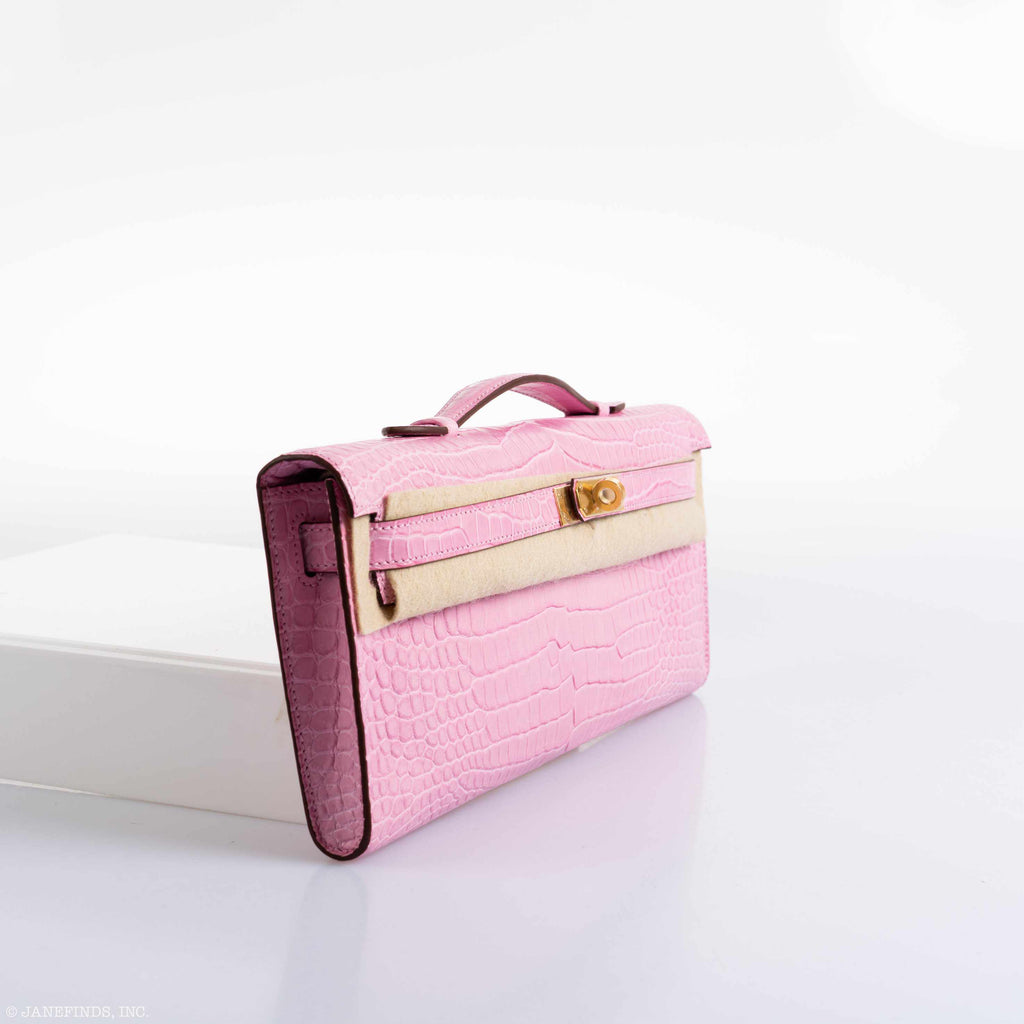 Hermes Kelly Cut Pochette 5P Bubblegum Pink Matte Porosus Crocodile Gold Hardware