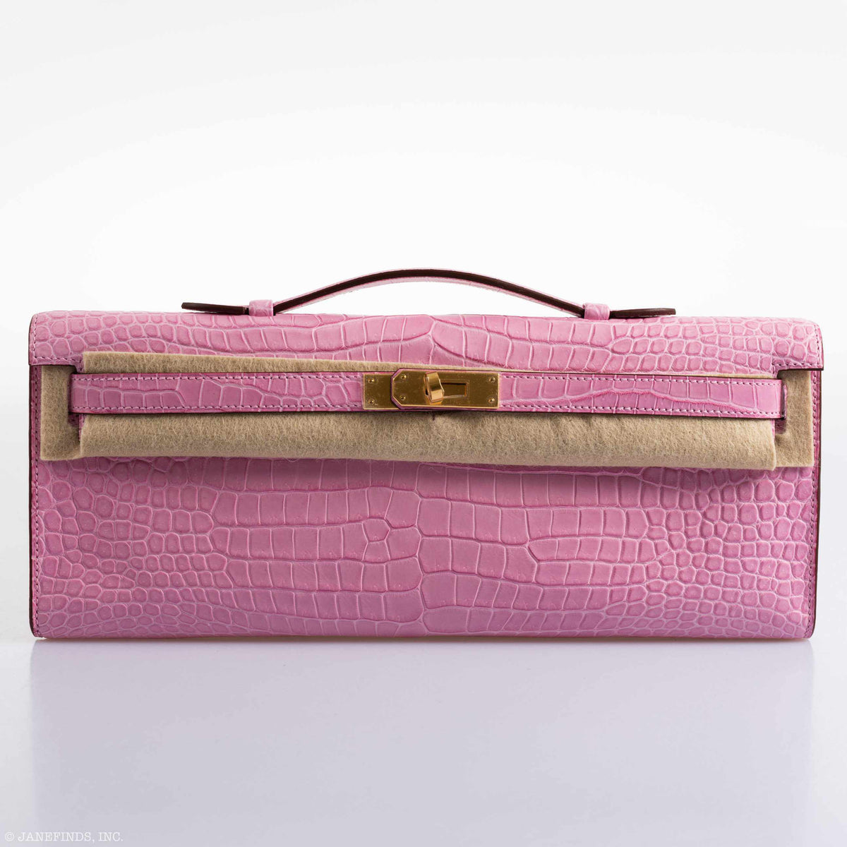 Hermes Kelly Cut Pochette 5P Bubblegum Pink Matte Porosus Crocodile Gold Hardware