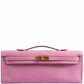Hermes Kelly Cut Pochette 5P Bubblegum Pink Matte Porosus Crocodile Gold Hardware