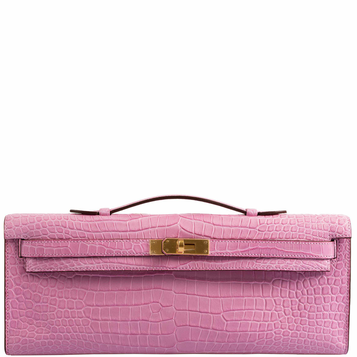 Hermes Kelly Cut Pochette 5P Bubblegum Pink Matte Porosus Crocodile Gold Hardware