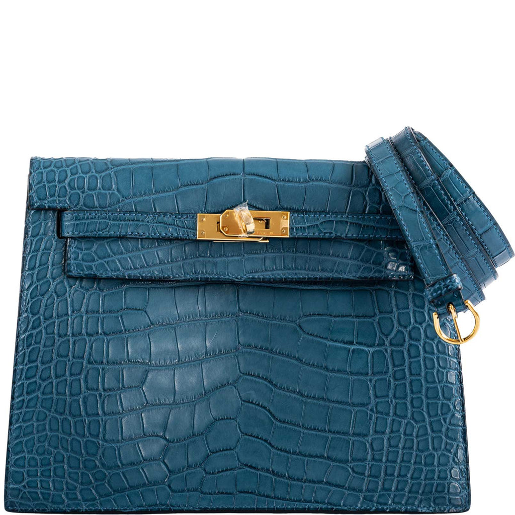 Hermes Kelly Danse Blue Colvert Matte Alligator with Gold Hardware