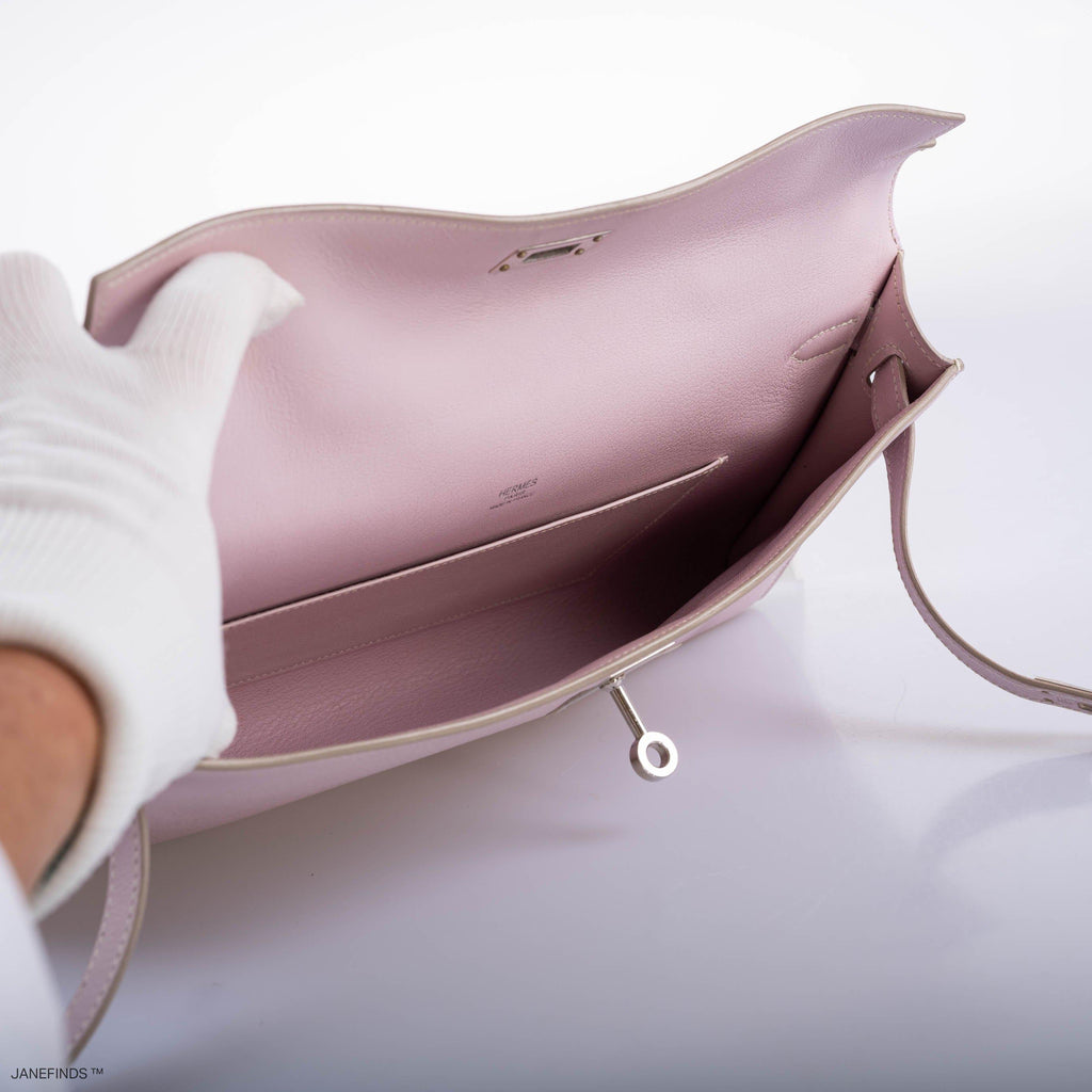 Hermes Kelly Longue Rose Dragee Evergrain with Palladium Hardware