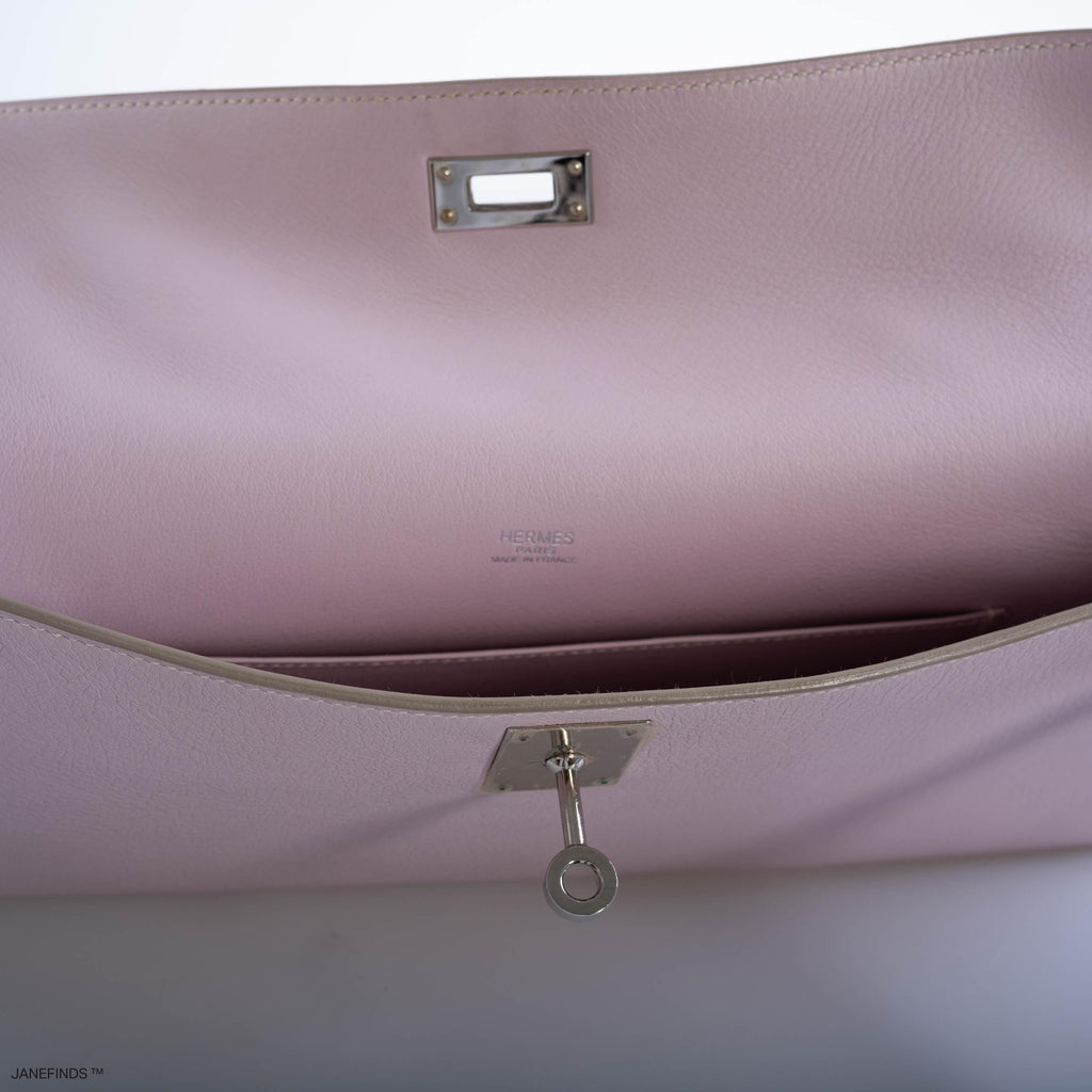 Hermes Kelly Longue Rose Dragee Evergrain with Palladium Hardware