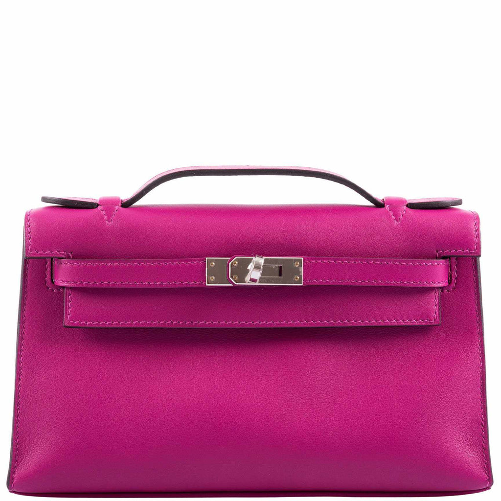Hermes Kelly Mini Pochette Rose Pourpre Swift Palladium Hardware