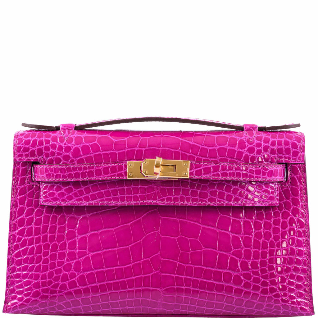 Hermes Kelly Mini Pochette Rose Scheherazade Shiny Alligator Gold Hardware