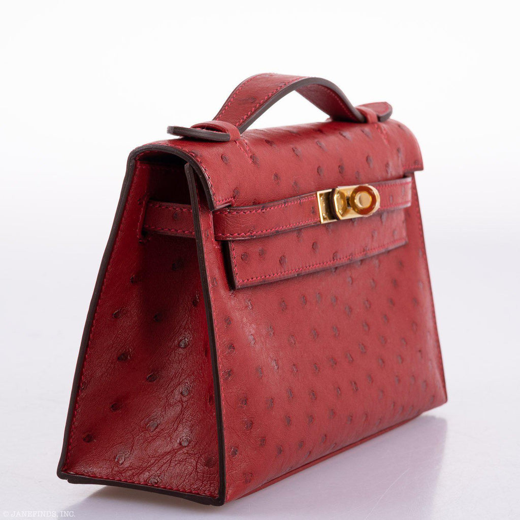Hermes Kelly Mini Pochette Rouge Vif Ostrich Gold Hardware