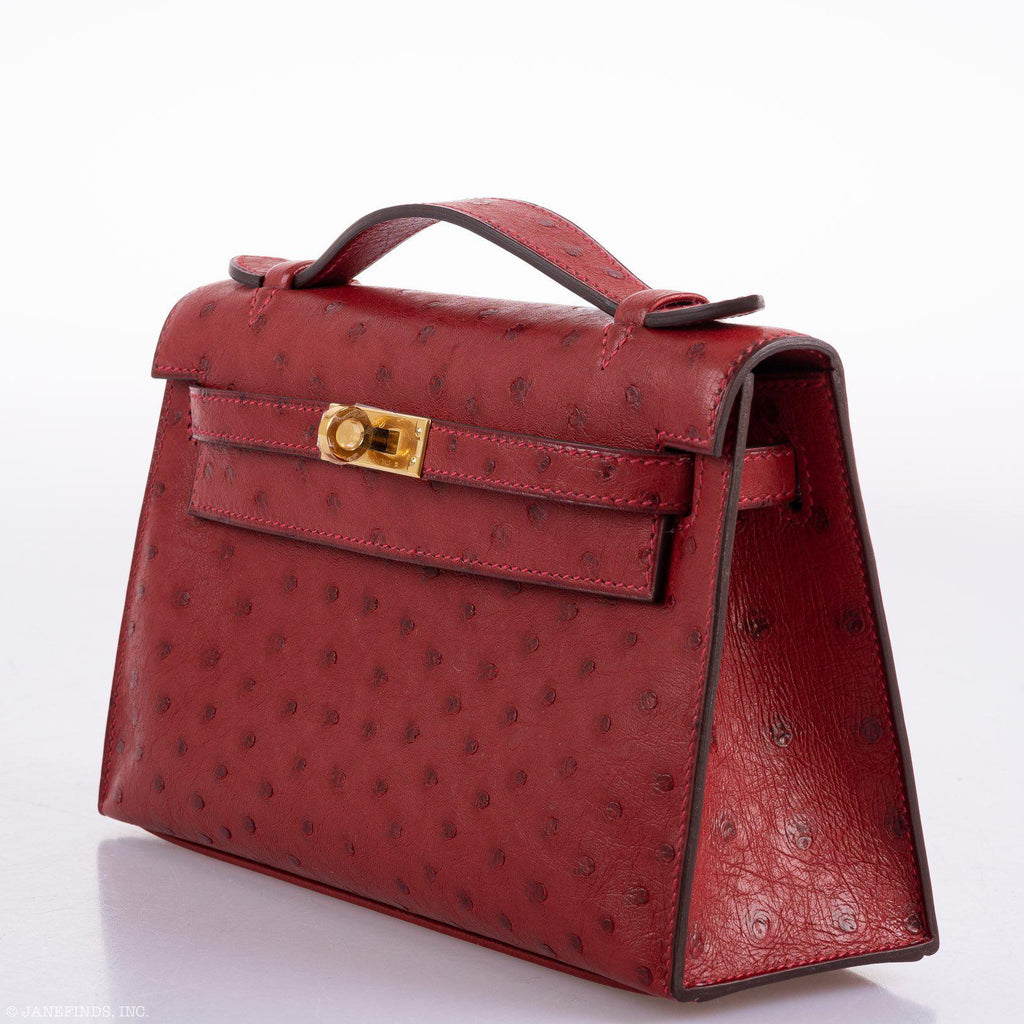 Hermes Kelly Mini Pochette Rouge Vif Ostrich Gold Hardware