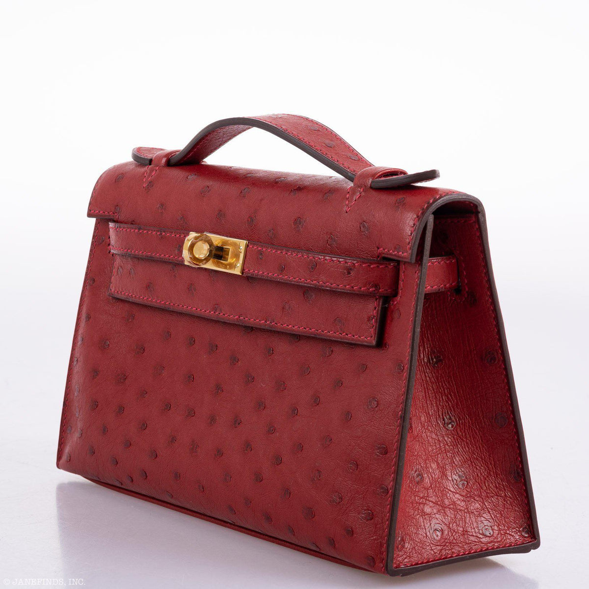Hermes Kelly Mini Pochette Rouge Vif Ostrich Gold Hardware