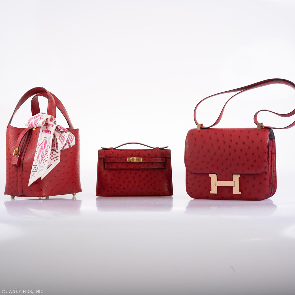 Hermes Kelly Mini Pochette Rouge Vif Ostrich Gold Hardware