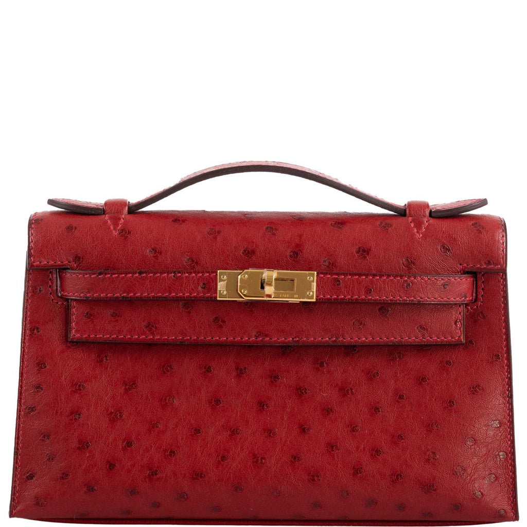 Hermes Kelly Mini Pochette Rouge Vif Ostrich Gold Hardware