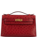 Hermes Kelly Mini Pochette Rouge Vif Ostrich Gold Hardware