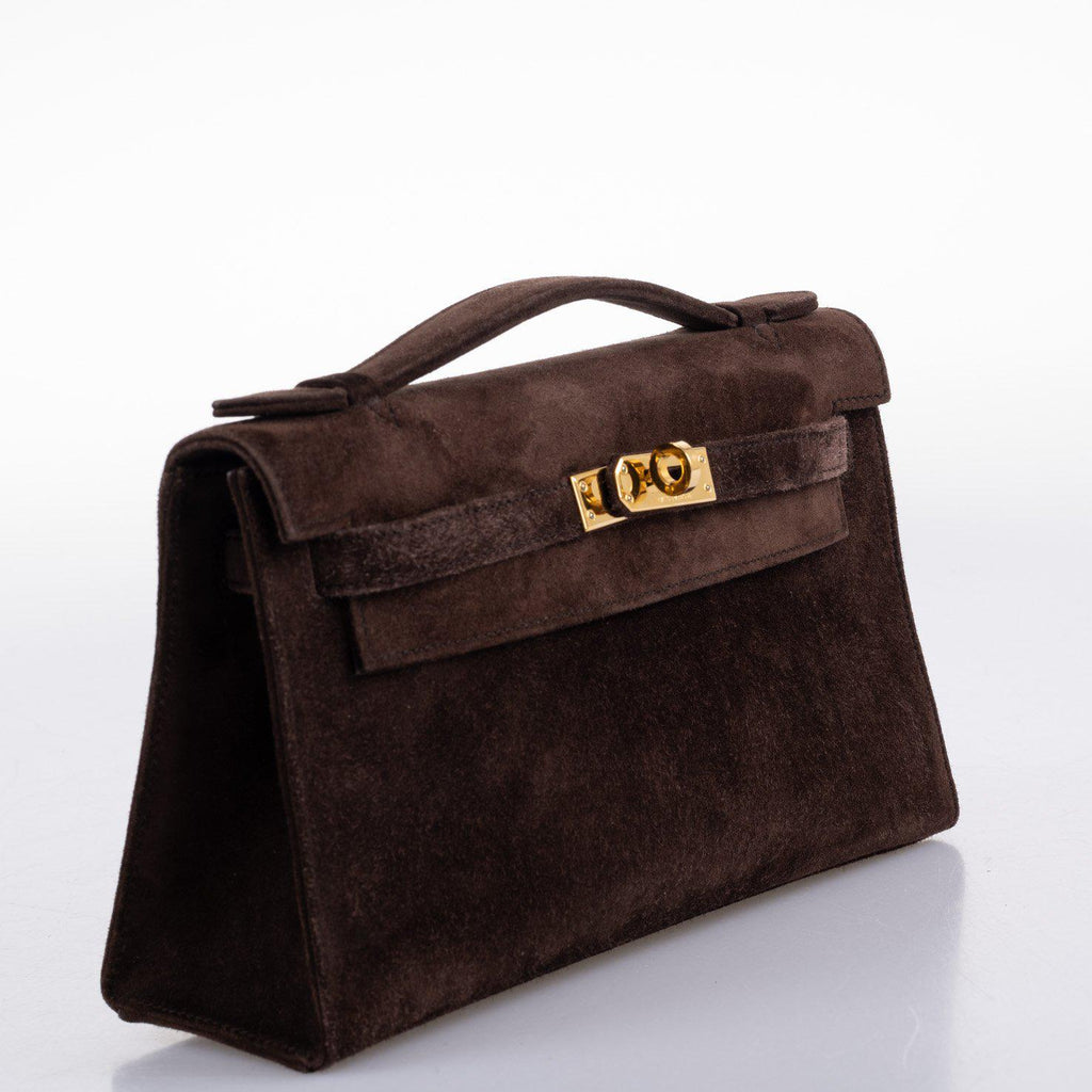 Hermes Kelly Pochette Chocolate Veau Doblis Suede Gold Hardware
