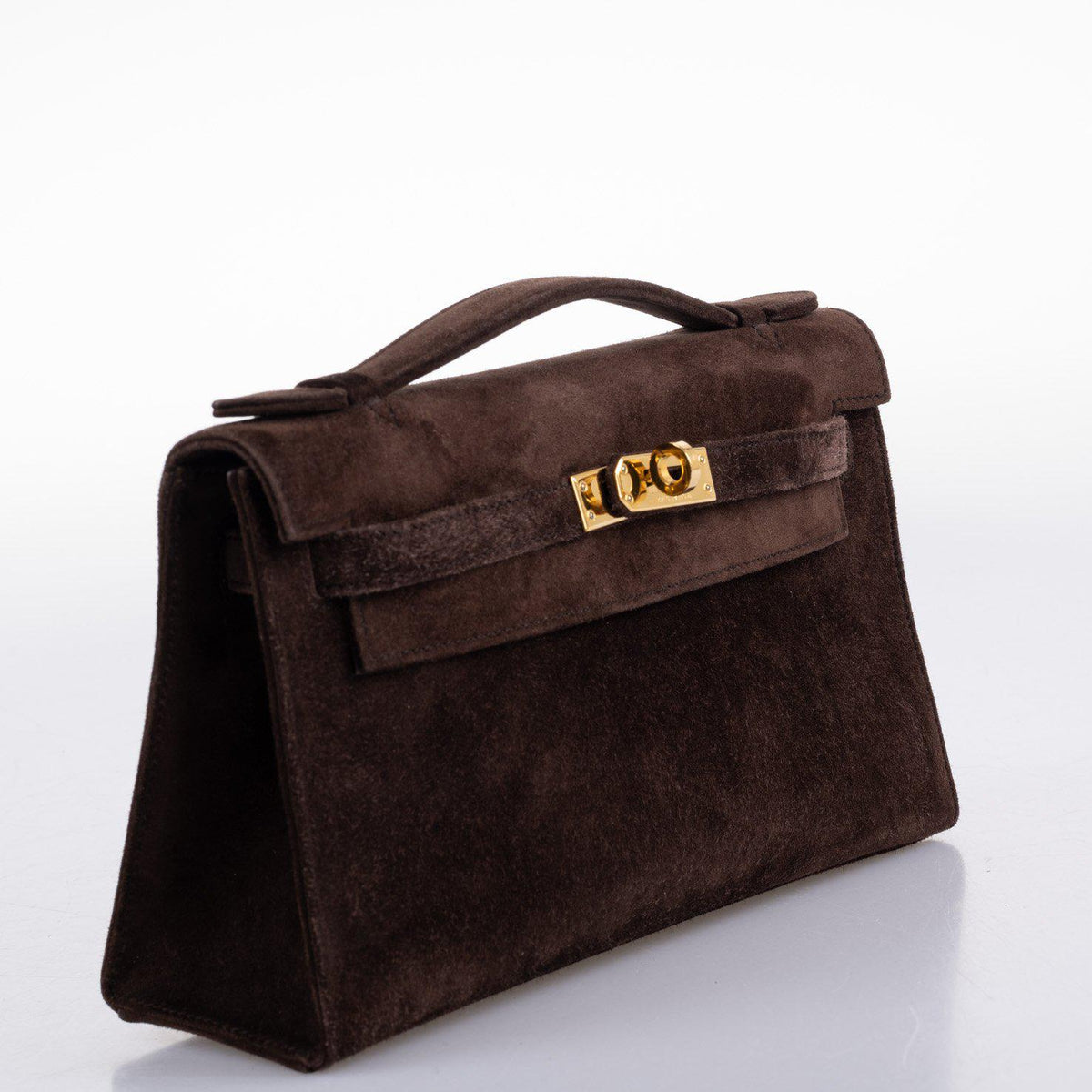 Hermes Kelly Pochette Chocolate Veau Doblis Suede Gold Hardware