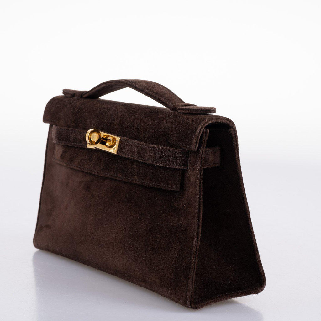 Hermes Kelly Pochette Chocolate Veau Doblis Suede Gold Hardware