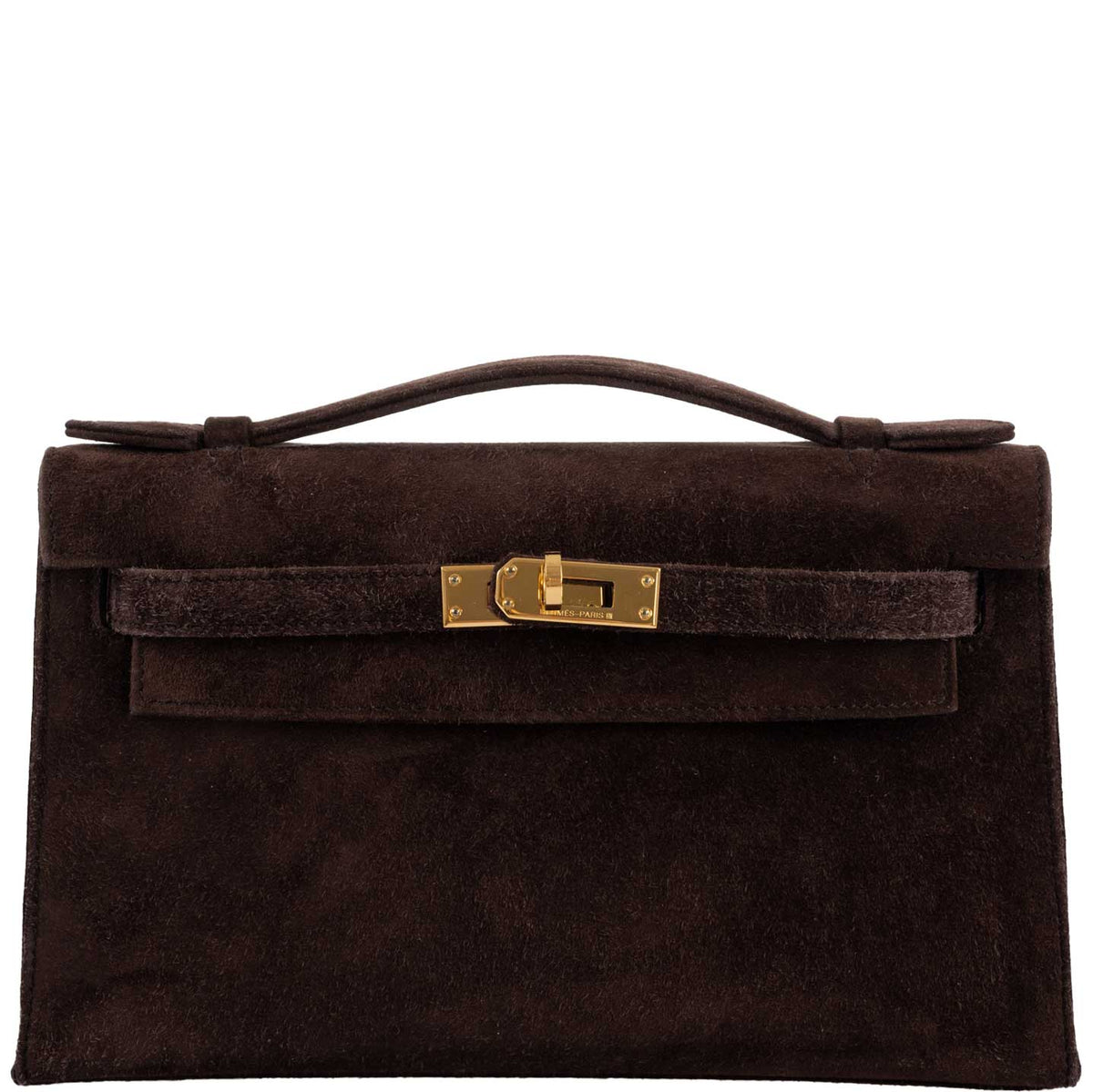 Hermes Kelly Pochette Chocolate Veau Doblis Suede Gold Hardware