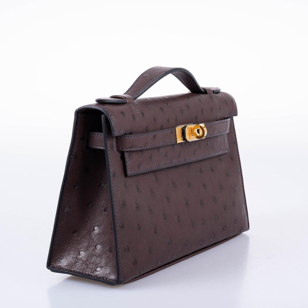 Hermes Kelly Pochette Rouge Sellier Ostrich with Gold Hardware