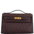 Hermes Kelly Pochette Rouge Sellier Ostrich with Gold Hardware