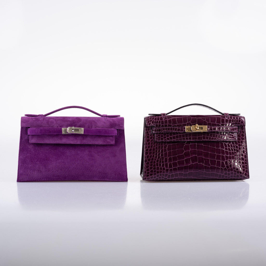 Hermes Kelly Pochette Violet Veau Doblis Suede Palladium Hardware