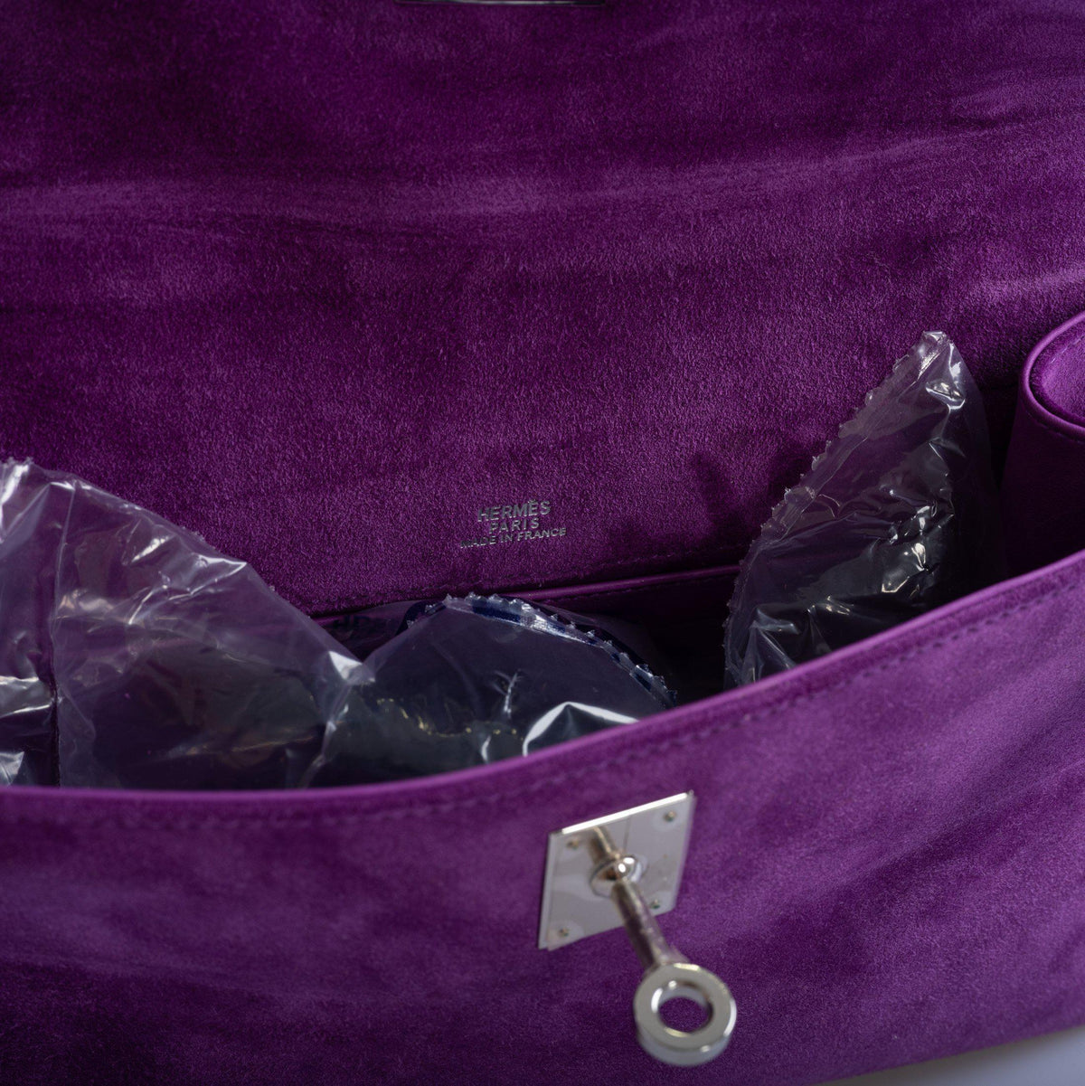 Hermes Kelly Pochette Violet Veau Doblis Suede Palladium Hardware
