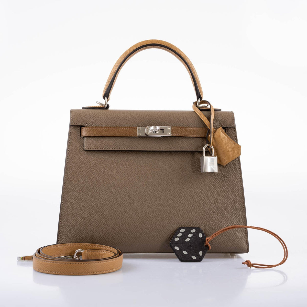 Hermes Limited Edition Sellier Kelly 25 Etoupe, Alezan & Biscuit Epsom with Palladium Hardware