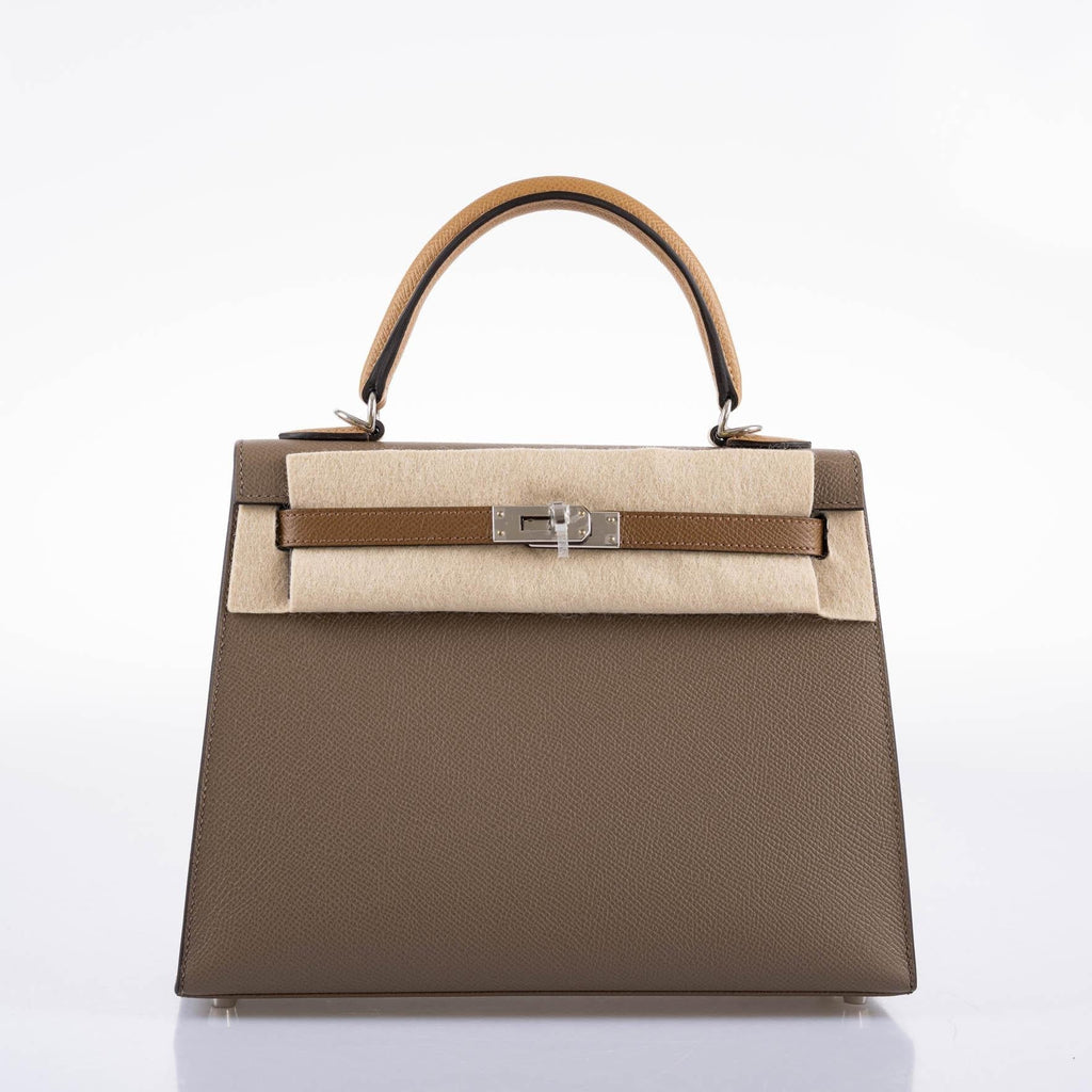 Hermes Limited Edition Sellier Kelly 25 Etoupe, Alezan & Biscuit Epsom with Palladium Hardware