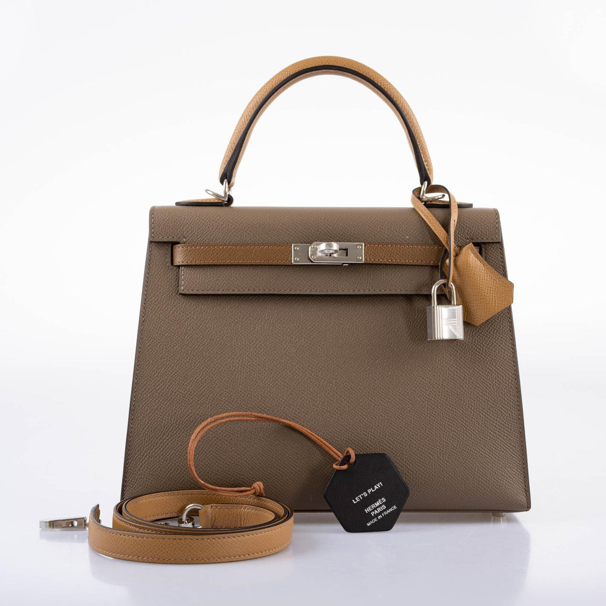 Hermes Limited Edition Sellier Kelly 25 Etoupe, Alezan & Biscuit Epsom with Palladium Hardware