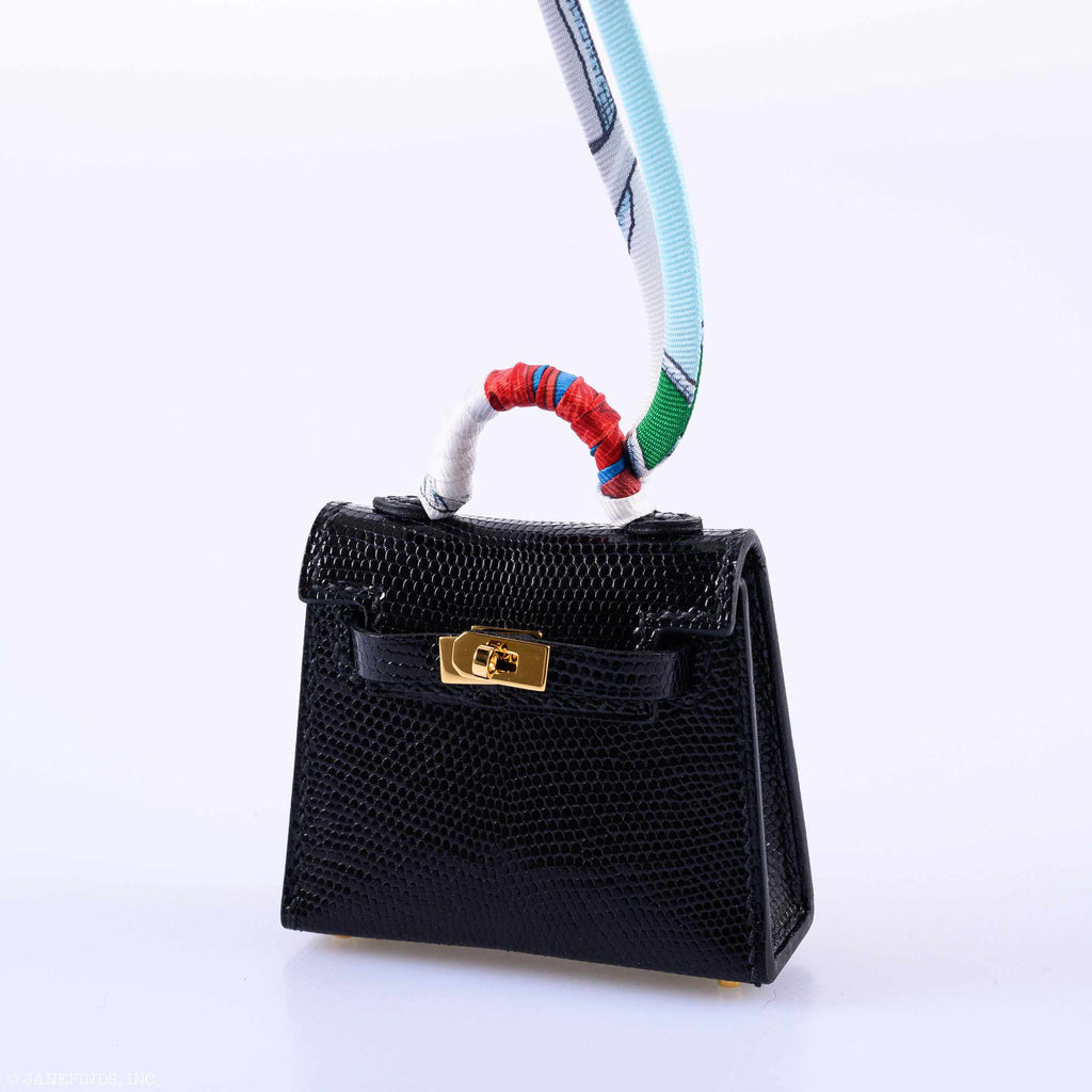 Hermes Micro Kelly Charm Black Lizard Gold Hardware