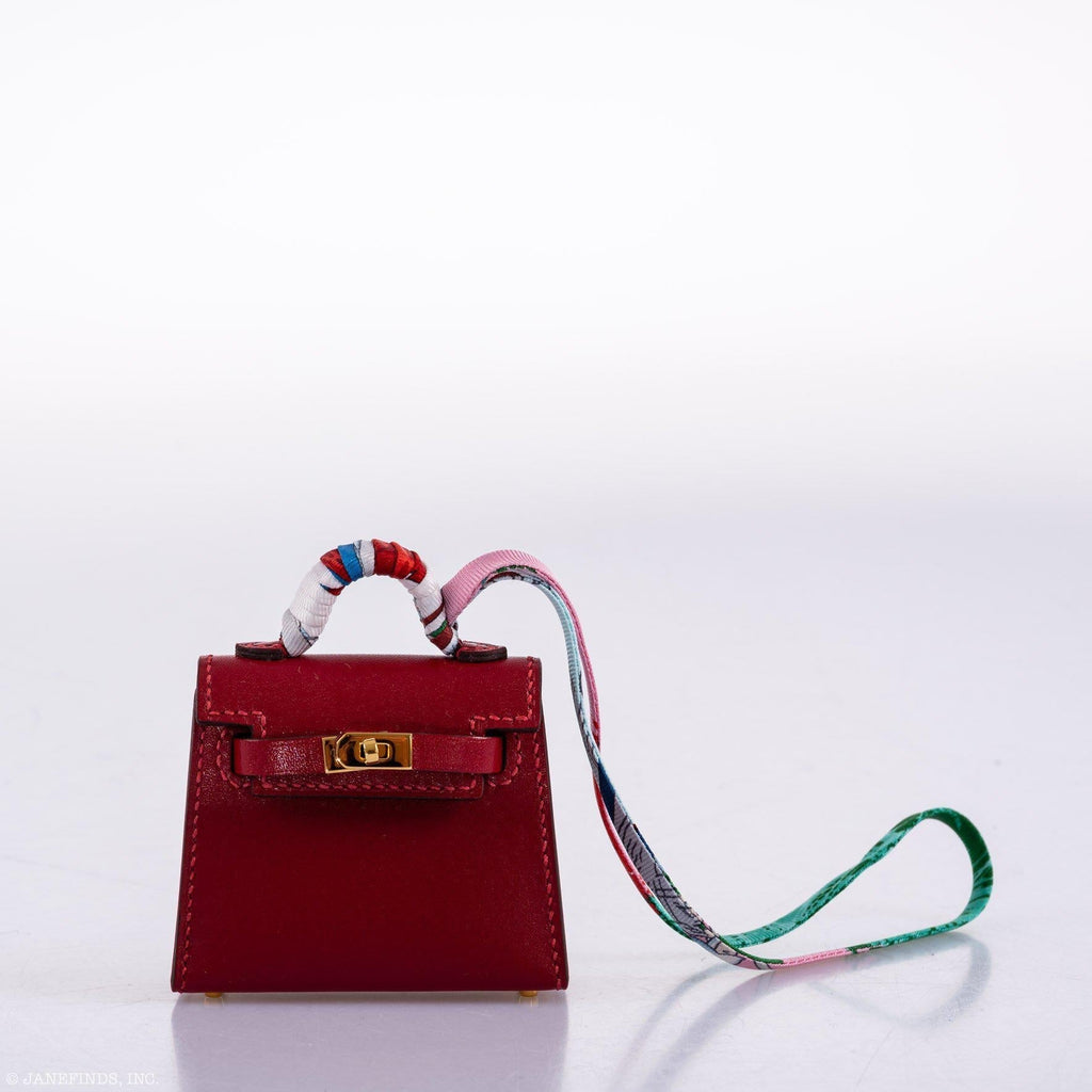 Hermes Micro Kelly Twilly Charm Rouge Vif Tadelakt Leather Gold Hardware
